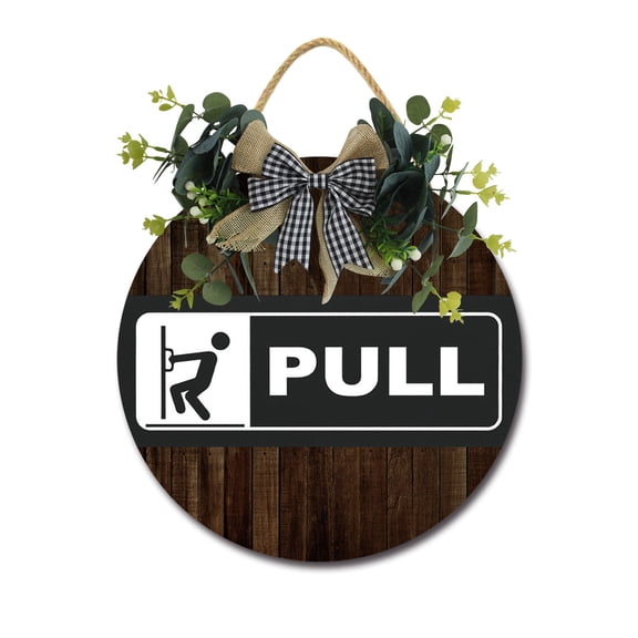Pull Sign Farmhouse Wood Sign Front Porch Decor Rustic Wooden Sign Wall Decor Hanging Wooden Decorations with Bow-Knot for Home Porch Wall Door, 11 x 11 inch