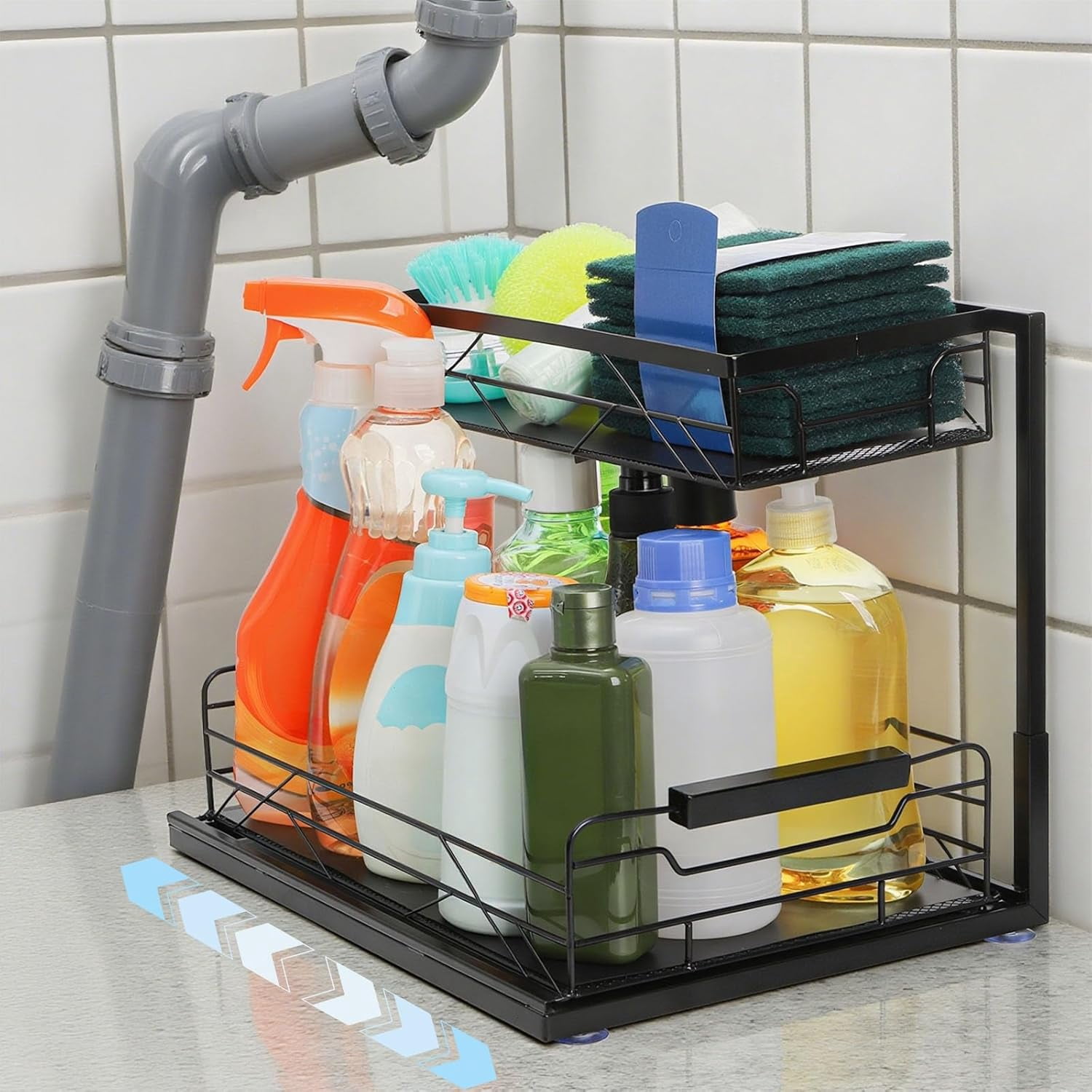 Pull Out Under Sink Organizer, 2 Tier Storage with Suction Cups, PVC Mat, Sliding Drawer, Metal Cleaning Supplies Shelf Cabinet Organizer for Kitchen, Laundry, Pantry, Bathroom