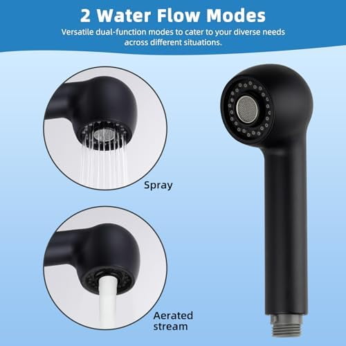 Pull Out Sink Sprayer Head Replacement, 2 Function Kitchen Sink Faucet Head, G1/2 or 13/16 Inch Thread Faucet Head Kitchen Tap Sprayer Spout, Matte Black