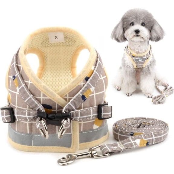 No Pull Small Dog Harness and Leash Set Adjustable Reflective Step-in Chihuahua Vest Harnesses Mesh Padded Plaid Escape Proof Walking Puppy Jacket for Boy Girl Pet Dogs Cats