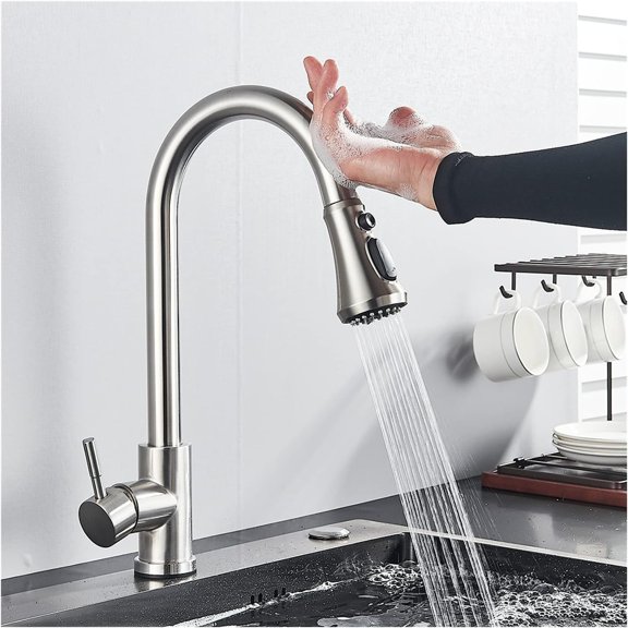 Pull Out Smart Touch Kitchen Mixer Tap, Stainless Steel Single Hole Deck Mounted Kitchen Faucet, ABS Dual-Function Nozzle/3-Function Nozzle,Matte Black