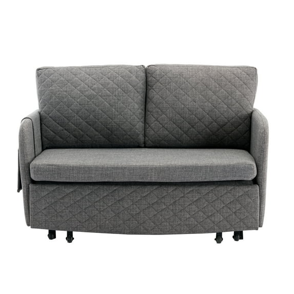 Pull Out Sofa Bed, Convertible Sleeper Sofa Bed Linen Loveseat Sofa Couch with Headboard, 2 Pillows & Side Pockets, Small Love Seat Futon Sofa for Living Room Office, 400 Weight Capacity, Light Grey