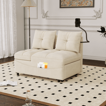 Pull Out Sofa Bed, Foldable Sleeper Sofa Couch Bed with USB port and Phone Holder, Adjustable Backrest Lounge Deep Seat Chaise Sofa for Living Room Bedroom Apartment, Beige