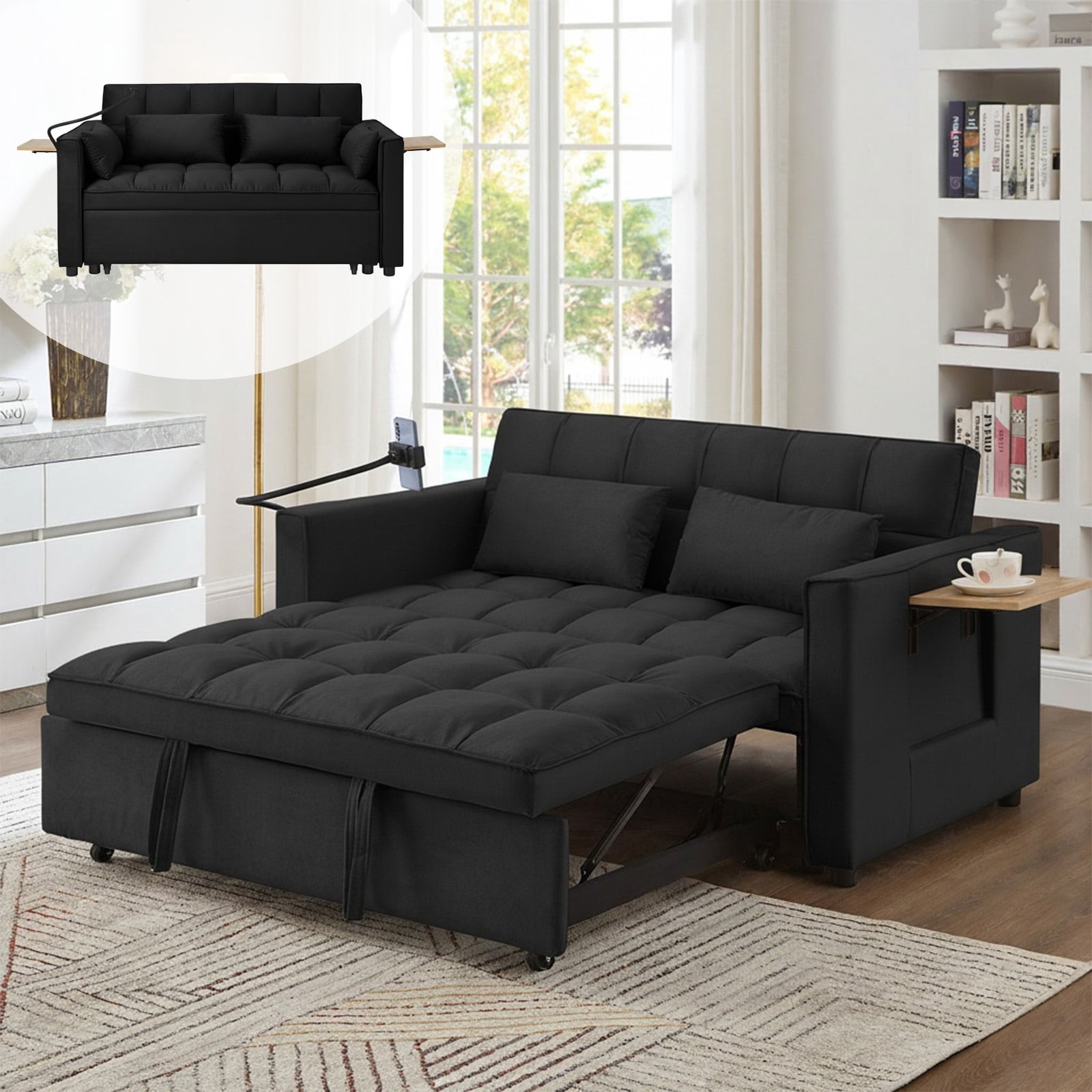 Pull Out Sofa Bed,Full-Size Sleeper Sofa,Velvet Convertible Loveseat Counch with Side Strong Pocket,Multi-Function 2-Seater Sofa Bed with Wheels for Living Room Apartment Guest Room,Black