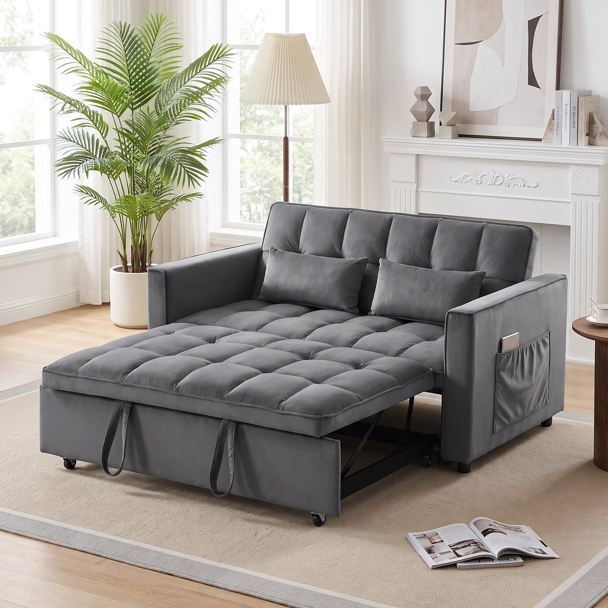 Pull Out Sofa Bed,Full-Size Sleeper Sofa,Velvet Convertible Loveseat Counch with Side Strong Pocket,Multi-Function 2-Seater Sofa Bed with Wheels for Living Room Apartment Guest Room,Gray