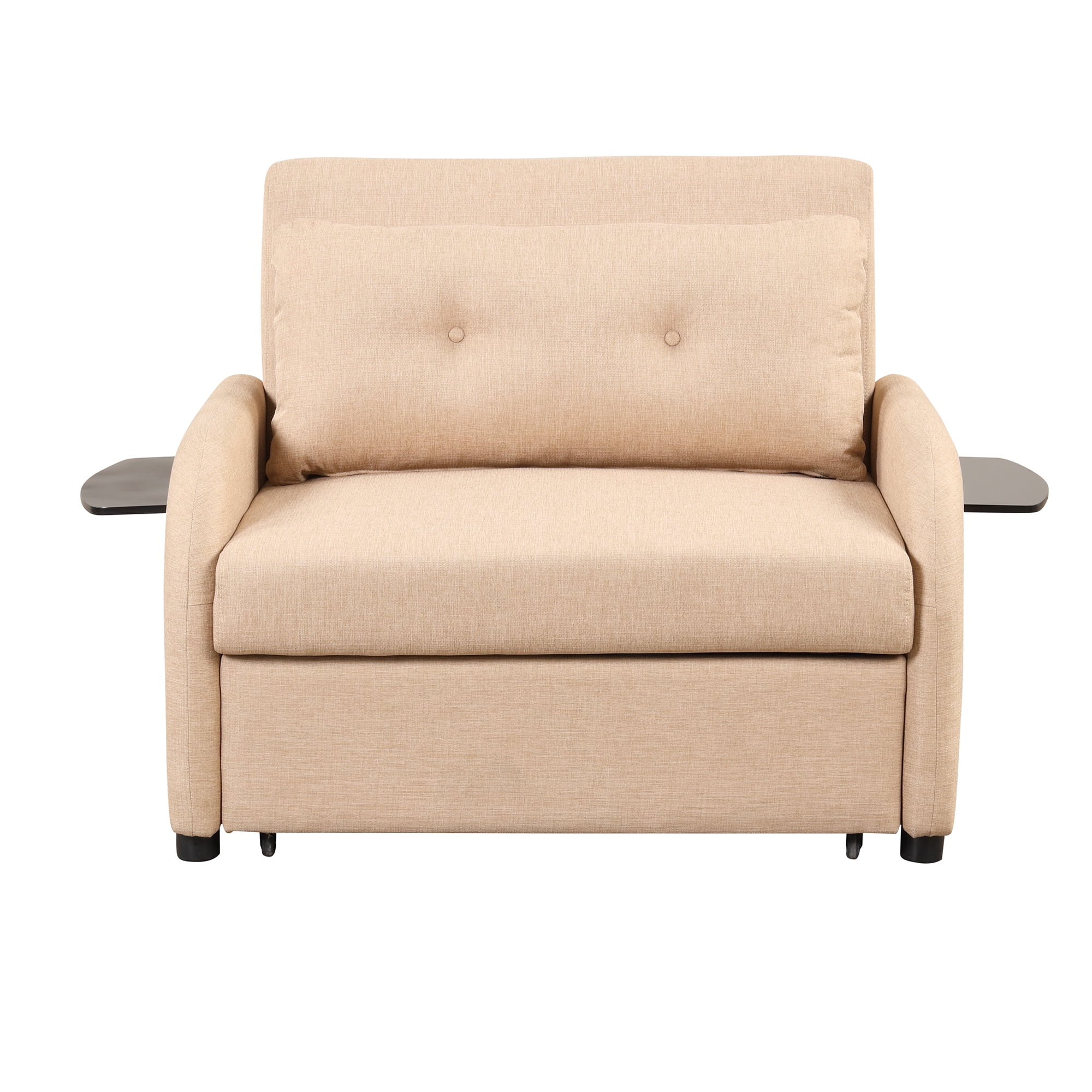 Pull Out Sofa Sleeper with Adjustable Backrest, 3 in 1 Multifunctional Sofa Bed with 2 Wing Table Side Pocket and USB Charge, Linen Fabric, for Living Room, Recreation Room, Beige
