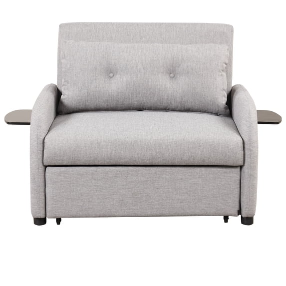 Pull Out Sofa Sleeper with Adjustable Backrest, 3 in 1 Multifunctional Sofa Bed with 2 Wing Table Side Pocket and USB Charge, Linen Fabric, for Living Room, Recreation Room, Grey