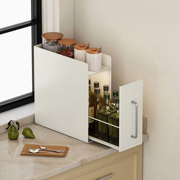 Pull Out Spice Rack Organizer – 2 Tier Sliding Drawer, No Assembly Steel Kitchen Countertop Storage for Seasonings, Condiments, and Tall Bottles, Compact Pantry Solution