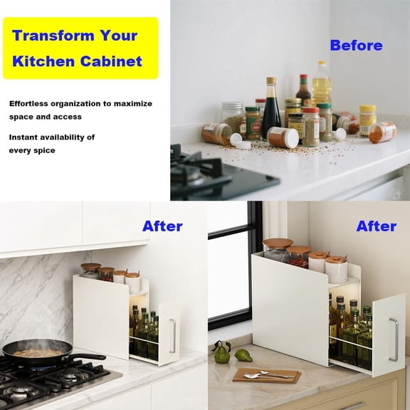 Pull Out Spice Rack Organizer – 3 Tier Sliding Drawer, No Assembly Steel Kitchen Countertop Storage for Tall Bottles, Condiments & Seasonings, Compact Pantry Organizer
