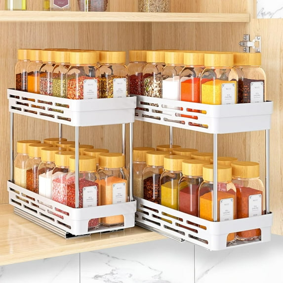 Pull Out Spice Rack Organizer for Cabinet, 2 Pack Widen Slide Out Spice Racks Organizer, Easy to Install Spice Cabinet Organizers, 6.4''Wx10.4''Dx8''H, Each Tier Hold 15 Spice Jars - 2 Tier