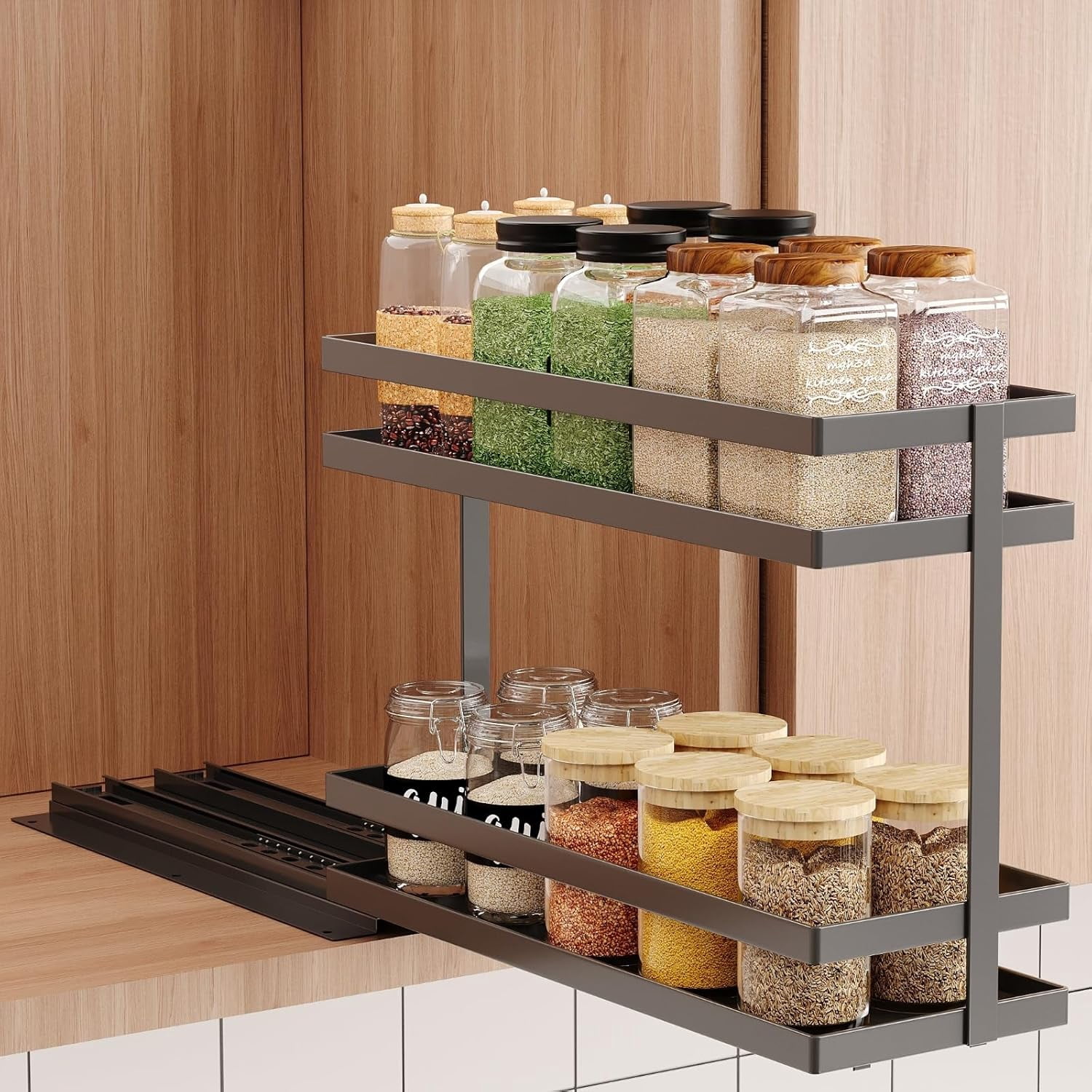 Pull Out Spice Rack Organizer for Cabinet, 2 Tier Metal Slide Out ...