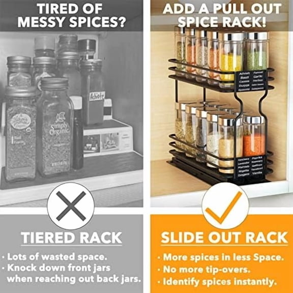 Pull Out Spice Rack Organizer for Cabinet, Heavy Duty Slide Out Seasoning Kitchen Organizer, Cabinet Organizer, with Labels, 4.5" W x10.75 D x8.5 H, 1 Drawer 2-Tier