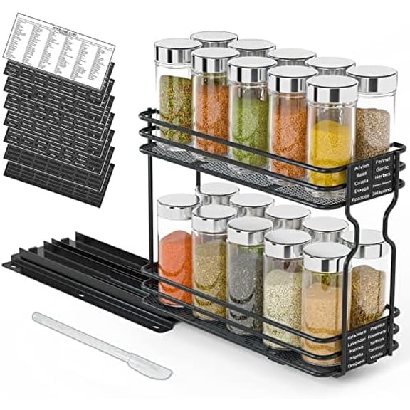 Pull Out Spice Rack Organizer for Cabinet, Heavy Duty Slide Out Seasoning Kitchen Organizer, Cabinet Organizer, with Labels, 4.5" W x10.75 D x8.5 H, 1 Drawer 2-Tier