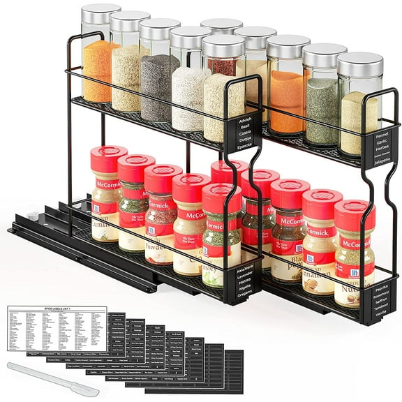 Pull Out Spice Rack Organizer for Cabinet, Heavy Duty Slide Out Seasoning Kitchen Organizer, Cabinet Organizer, with Labels, 5.2" W x10.75 D x10 H, 2 Drawers 2-Tier