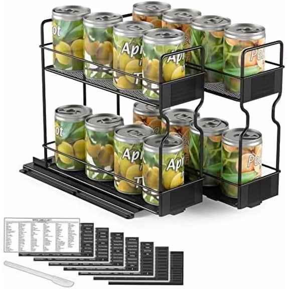Pull Out Spice Rack Organizer for Cabinet, Heavy Duty Slide Out Seasoning Kitchen Organizer, Cabinet Organizer, with Labels, 7.7" W x10.75 D x10 H, 2 Drawers 2-Tier