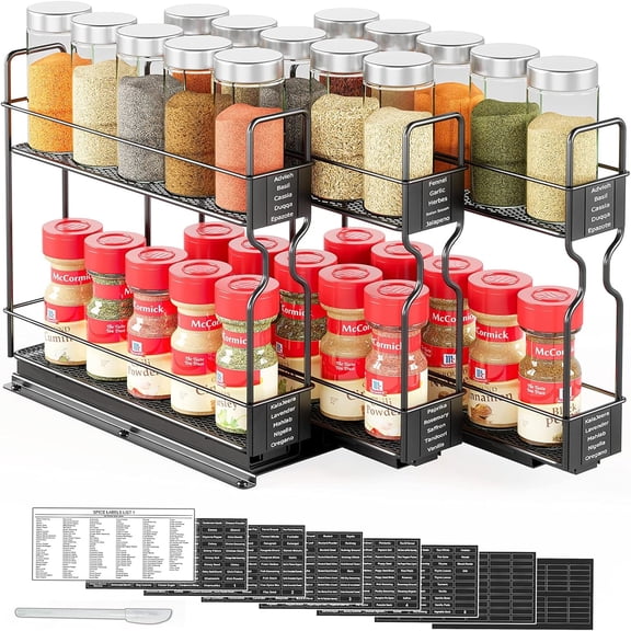"Pull Out Spice Rack Organizer for Cabinet, Heavy Duty Slide Out Seasoning Kitchen Organizer, Cabinet Organizer, with Labels, 7.7"" W x10.75 D x10 H, 3 Drawers 2-Tier "