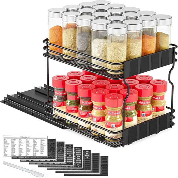 Pull Out Spice Rack Organizer for Cabinet, Heavy Duty Slide Out Seasoning Kitchen Organizer, Cabinet Organizer, with Labels, 8.5" W x10.75 D x8.5 H, 1 Drawer 2-Tier