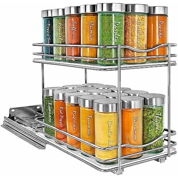 ® Pull Out Spice Rack Organizer for Inside Kitchen Cabinets - 6-3/8 inch Wide - Slide Out Drawer – Chrome Sliding Spice Cabinet Organization Shelf Racks - 2 Tier