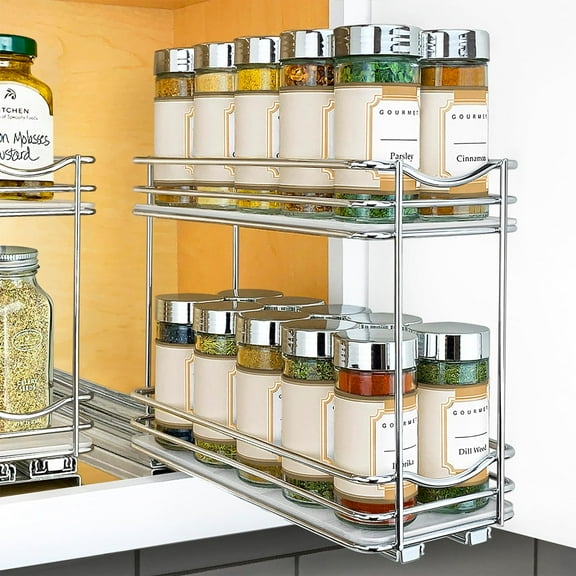 Pull Out Spice Rack Organizer for Inside Kitchen Cabinets - 6-3/8 inch Wide - Slide Out Drawer Chrome Sliding Spice Organization for cabinet - Spice Racks - 2 Tier