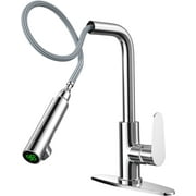 Pull Down Sprayer Kitchen Faucets, Temperature Digital Display Single Handle Faucet for Kitchen Sink High Arc Pull Out Water Tap with Deck Plate Chrome