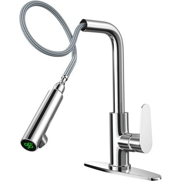 Pull Down Sprayer Kitchen Faucets, Temperature Digital Display Single Handle Faucet for Kitchen Sink High Arc Pull Out Water Tap with Deck Plate Chrome