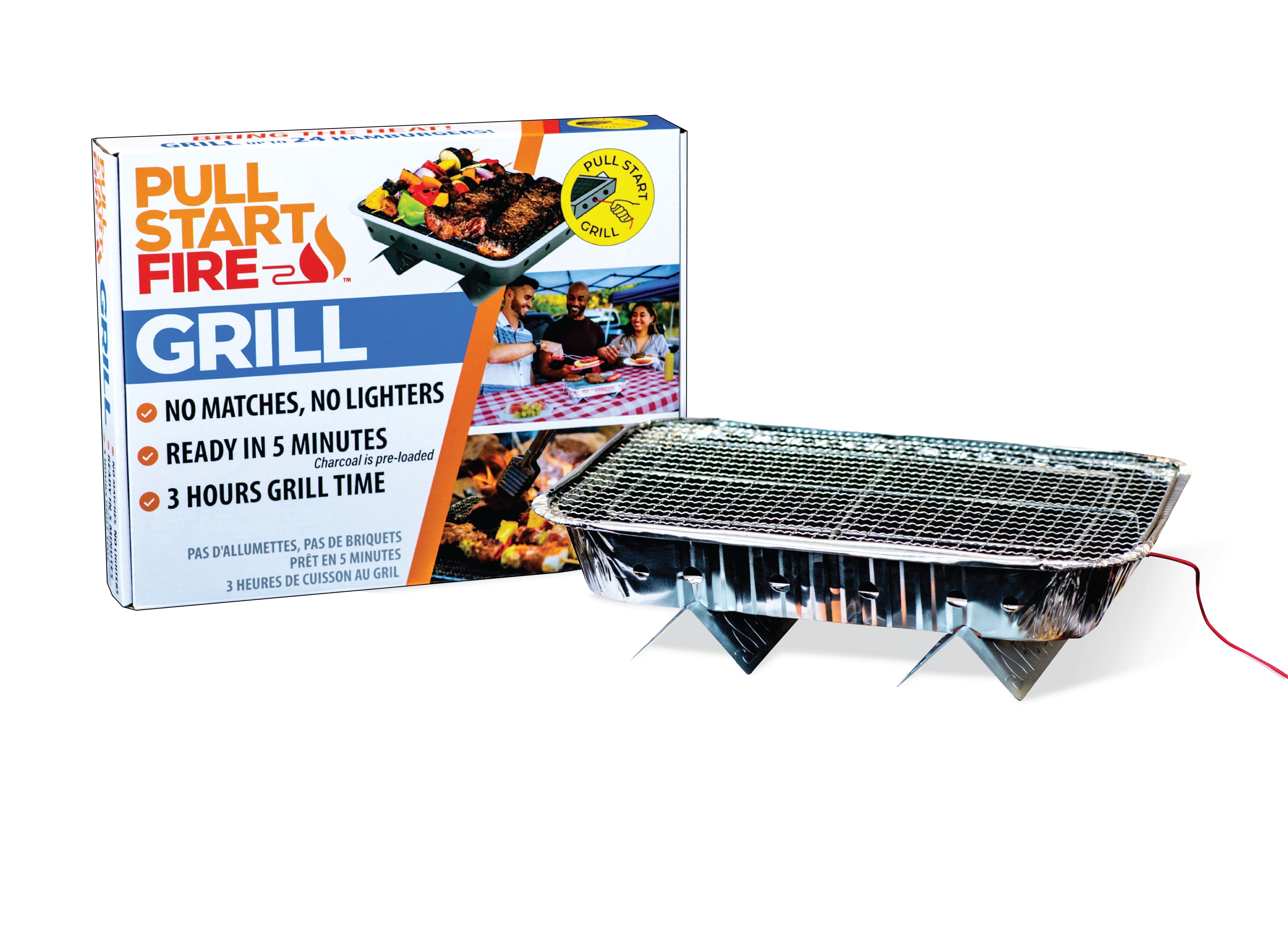 Pull Start Fire Single Use Portable Charcoal Grill, Matchless Ignition, Ready in 5 Min, 3 Hour Burn, No Cleanup