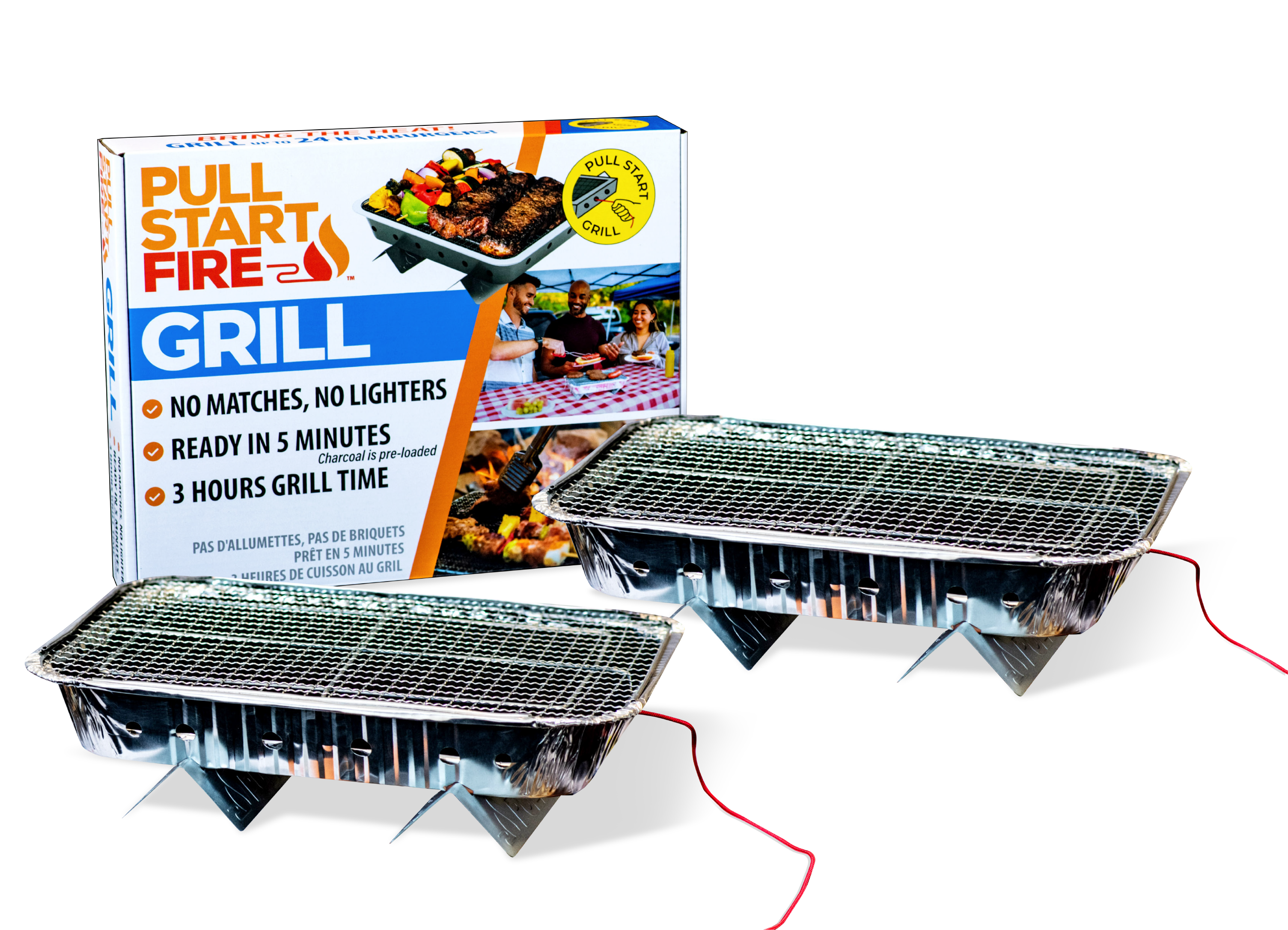 Pull Start Fire Portable Charcoal Disposable Grill, Single Use BBQ, 3-Hour Burn Time, Camping & Outdoor Cooking