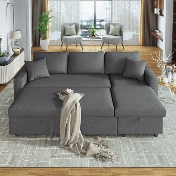 Pull Out Storage Sofa Bed, 87.4'' Reversible L-Shape 3 Seat Sectional Couch, Polyester Fabric Padded Upholstered Sleeper Sofa with 2 Pillows for Living Room Furniture, 1000lbs, Gray,