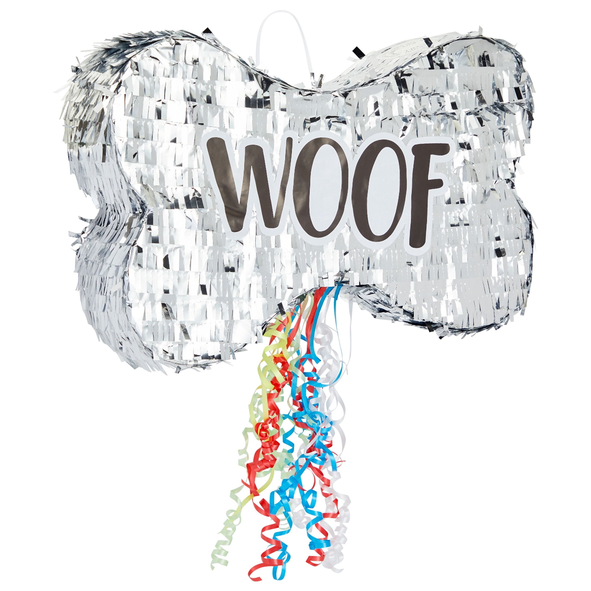 Pull String Dog Bone Pinata for Puppy Birthday Party Decorations, Silver Foil (Small, 16.8 x 10 x 3 In)