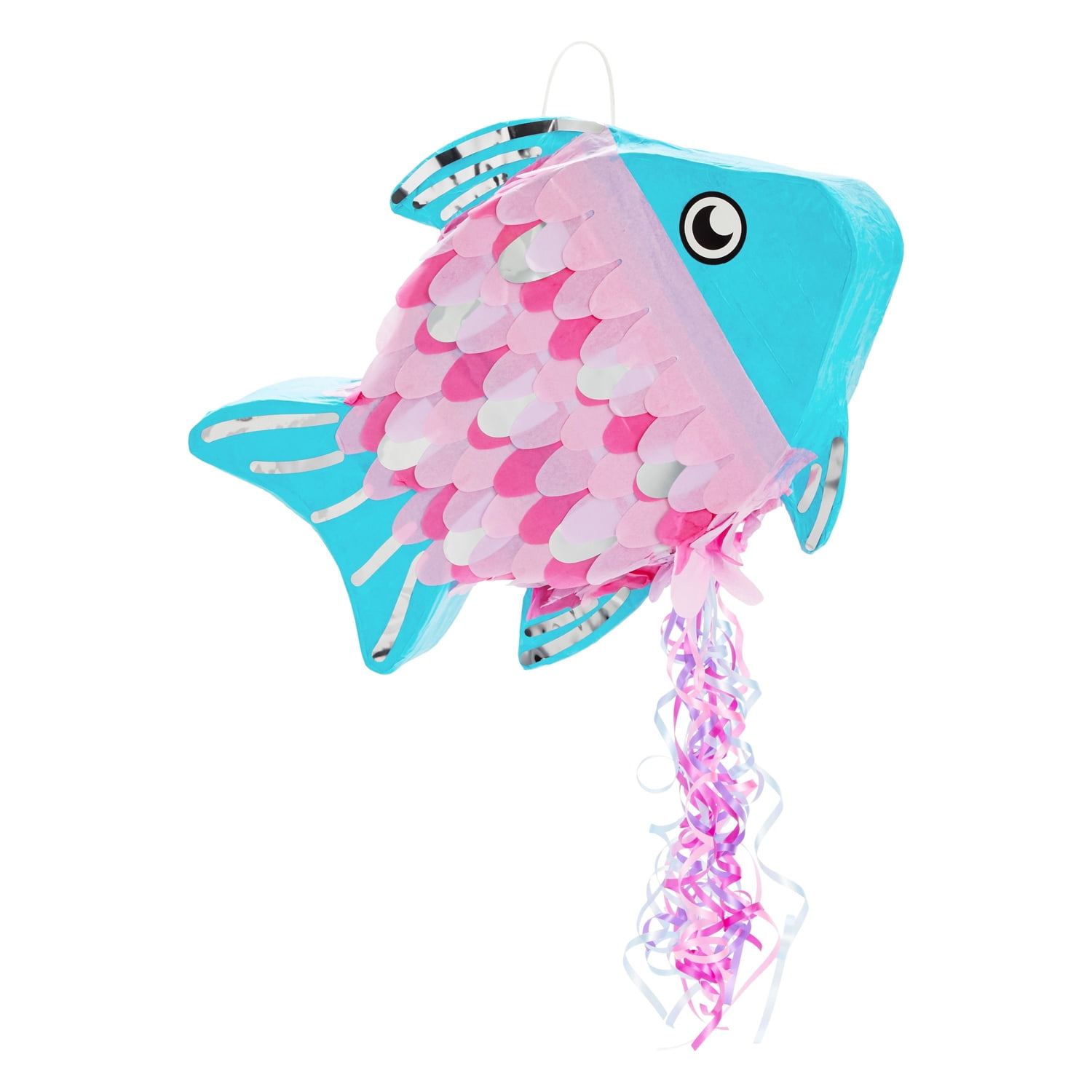 BLUE PANDA Pull String Fish Pinata for Girls, Ocean and Mermaid Theme Birthday, Under The Sea Party Decorations (Small, 17 x 13 x 3 in)