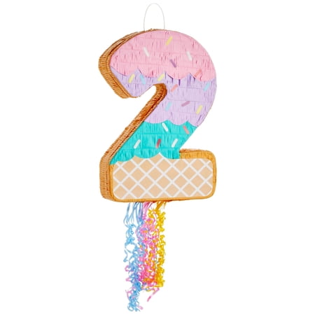 BLUE PANDA Pull String Pinata Number 2-16.5 x 11.5 x 3 In, Multicolor - Ice Cream 2nd Birthday Pinata for Two Sweet Birthday Decorations & Toddler Party Decoration