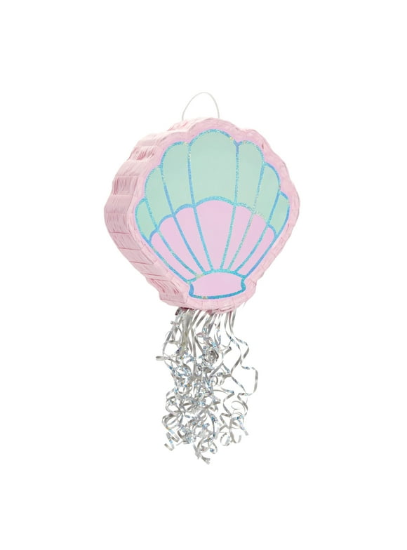 Pull String Seashell Pinata - Mermaid Birthday Decorations, Under The Sea Party Supplies (Small, 14x13x3 in)