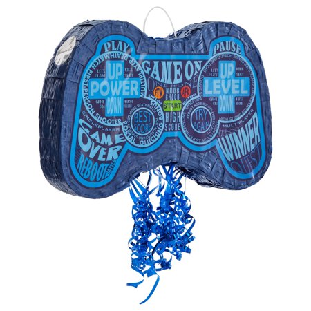Sparkle and Bash Video Game Controller Pinata - 16.5 x 11 x 3 in, Blue - Pinata with Strings & Pull-String Activity for Birthday Party
