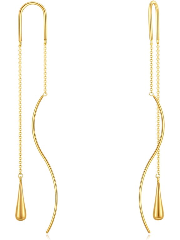 Pull Through Teardrop Earrings 10k Gold Long Piercing Twist Threader Tassel Dangle Ear Line Eardrop Earrings Jewelry Christmas Gifts for Women