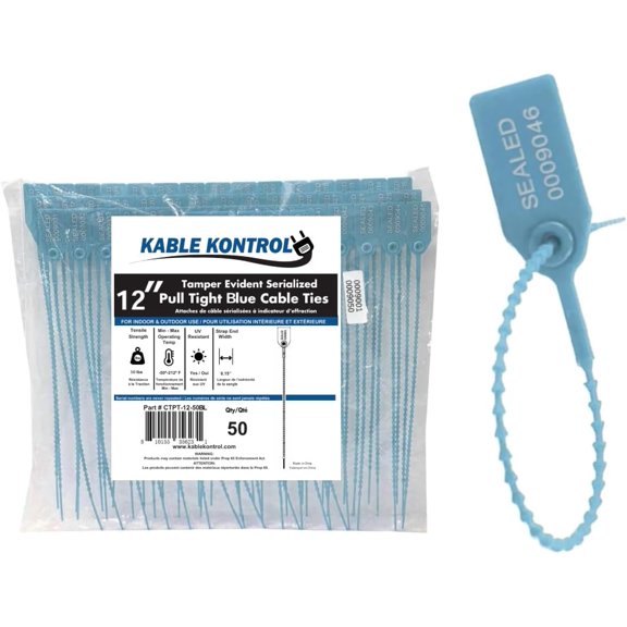 Pull Tight Cable Zip Tie Seals - Numbered / Serialized Tamper Evident - 12" Long - 50 Lbs Strength - 50 Pcs - Blue