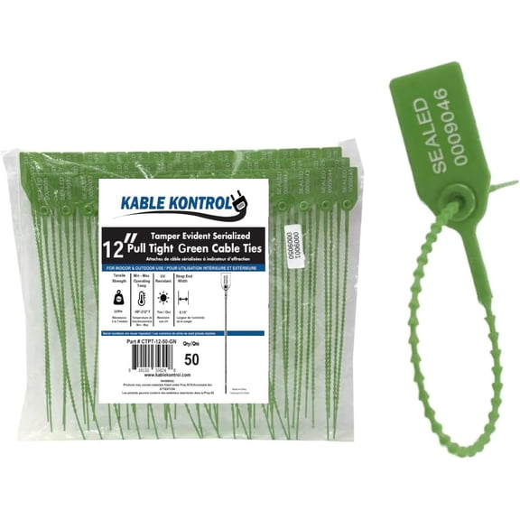 Pull Tight Cable Zip Tie Seals - Numbered / Serialized Tamper Evident - 12" Long - 50 Lbs Strength - 50 Pcs - Green