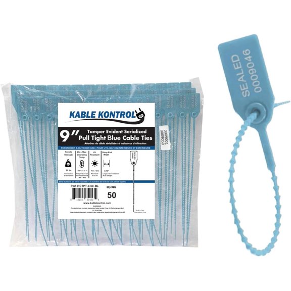 Pull Tight Cable Zip Tie Seals - Numbered / Serialized Tamper Evident - 9" Long - 20 Lbs Strength - 50 Pcs - Blue