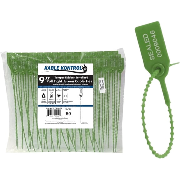 Pull Tight Cable Zip Tie Seals - Numbered / Serialized Tamper Evident - 9" Long - 20 Lbs Strength - 50 Pcs - Green