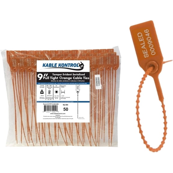 Pull Tight Cable Zip Tie Seals - Numbered / Serialized Tamper Evident - 9" Long - 20 Lbs Strength - 50 Pcs - Orange