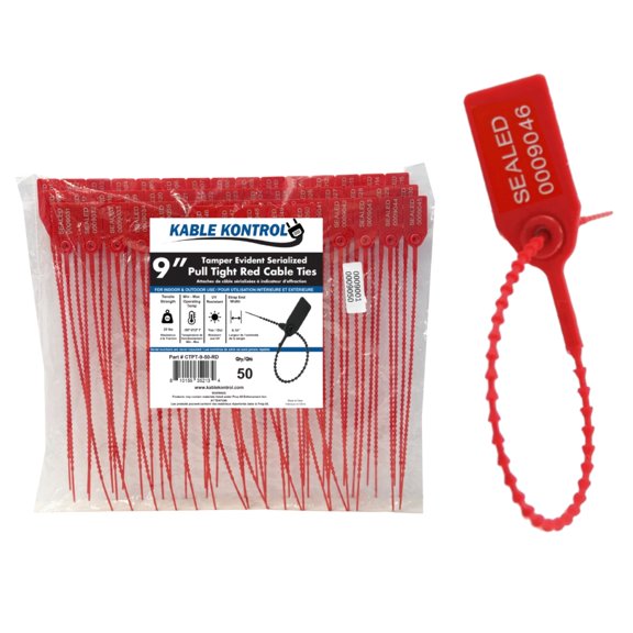 Pull Tight Cable Zip Tie Seals - Numbered / Serialized Tamper Evident - 9" Long - 20 Lbs Strength - 50 Pcs - Red