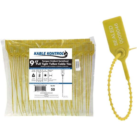 Pull Tight Cable Zip Tie Seals - Numbered / Serialized Tamper Evident - 9" Long - 20 Lbs Strength - 50 Pcs - Yellow