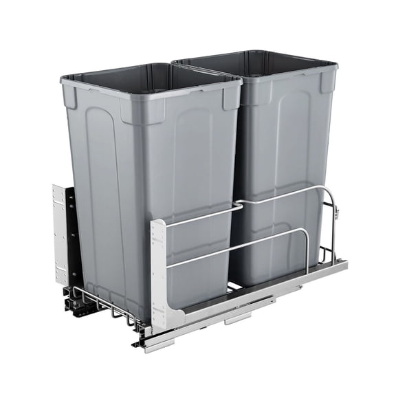 Pull Out Trash Can 27QT x2, Under Cabinet Waste Bin with Soft Close, Kitchen Recycling Bin with Door Kit - Grey, Double Bin for Kitchen, Sink, Under Counter
