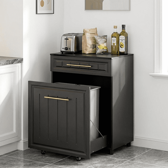 Pull Out Trash Can Cabinet for 2×10 Gallon Bins, Large Capacity Hidden Kitchen Trash Bin Cabinet with Drawer, Freestanding Wooden Garbage Recycling & Laundry Hamper for Laundry, Living Room, Black