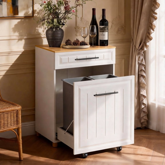 Pull Out Trash Can Cabinet for 210 Gallon Bins, Pet Proof Hidden Trash Bin Cabinet with Drawer, Freestanding Wooden Garbage Recycling & Laundry Hamper for Kitchen, Laundry, Living Room, White