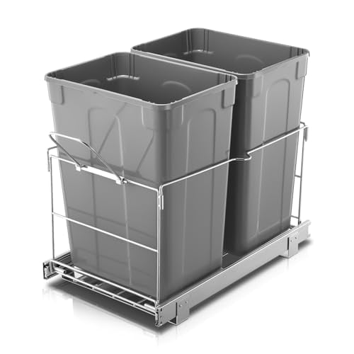Pull Out Trash Can Under Cabinet, 35 QT Double Under Sink Trash Can Waste Container with with Chrome Wire Bottom Mount and Handle, Heavy Duty Garbage Recycling Bin for Kitchen Cabinet, Sink$$Storage