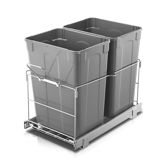 Pull Out Trash Can Under Cabinet, 35 QT Double Under Sink Trash Can Waste Container with with Wire Bottom Mount and Handle, Heavy Duty Garbage Recycling Bin for Kitchen Cabinet, Sink