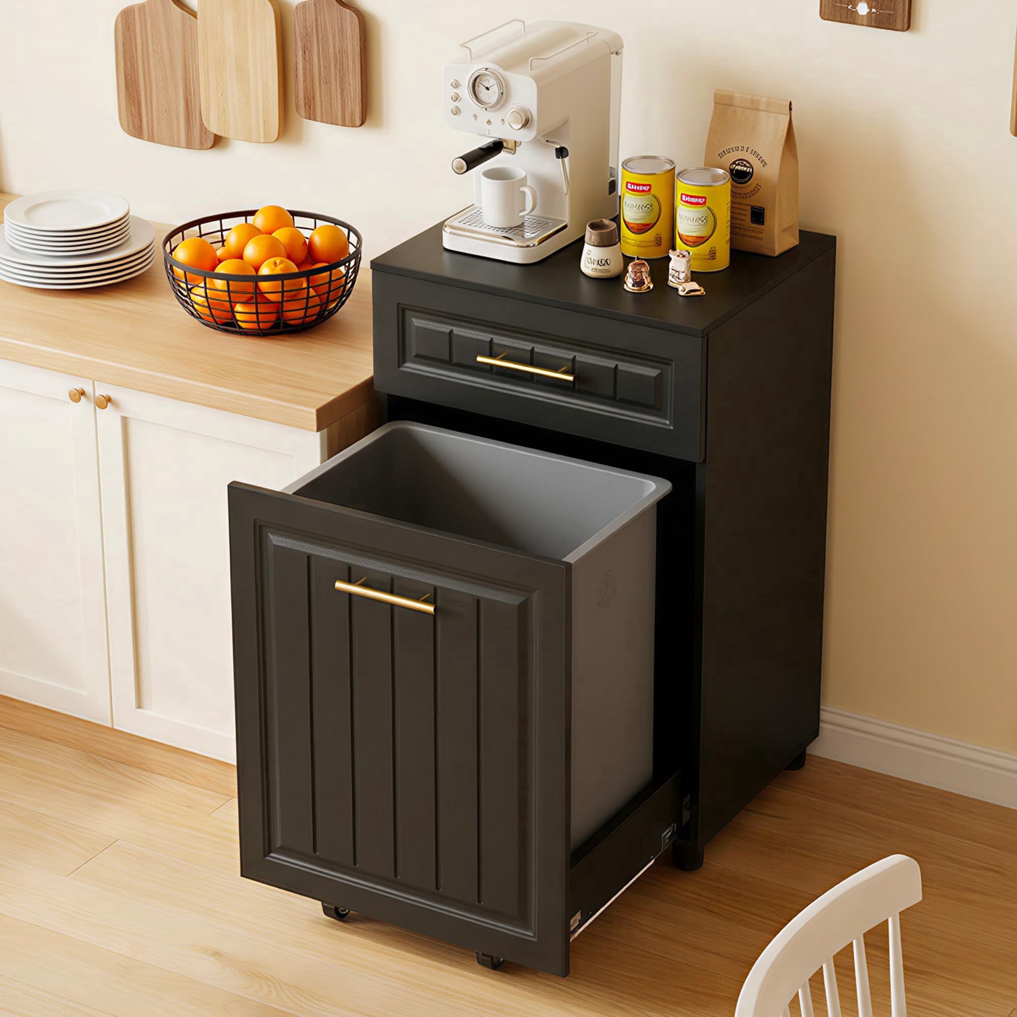 Pull Out Trash Can Cabinet for Double 7 Gallon or 13 Gallon Bin, Freestanding Kitchen Trash Bin Cabinet with Drawer, Pet Proof Hidden Garbage & Recycling Storage for Laundry & Living Room, Black
