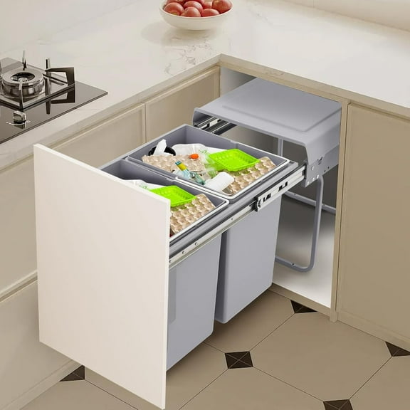 Pull Out Trash Can Under Cabinet, Hidden Double 4.4Gal Garbage Bin with Lid, Slide Out Waste Bin for Kitchen, Laundry, Requires Minimum Cabinet Opening 14''W x 20''D x 17''H (Contact with Door)
