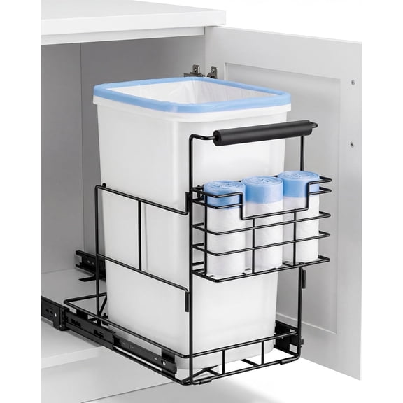 Pull Out Trash Can Under Cabinet, Under Sink Trash Can Kit for 7.5-10 Gallon with Garbage Bag Holder, Heavy Duty Steel Frame, Holds Up to 125 lb, Easy to Install (Bin Not Included)