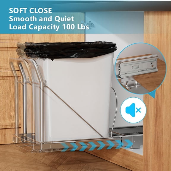 Pull Out Trash Can Under Cabinet with Soft-Close SlidesHeavy Duty Slide Out Under Sink Garbage Can for KitchenAdjustable Tail Groove for CanRequires 13" W X 18" D Cabinets,(Not Included Trash Can)